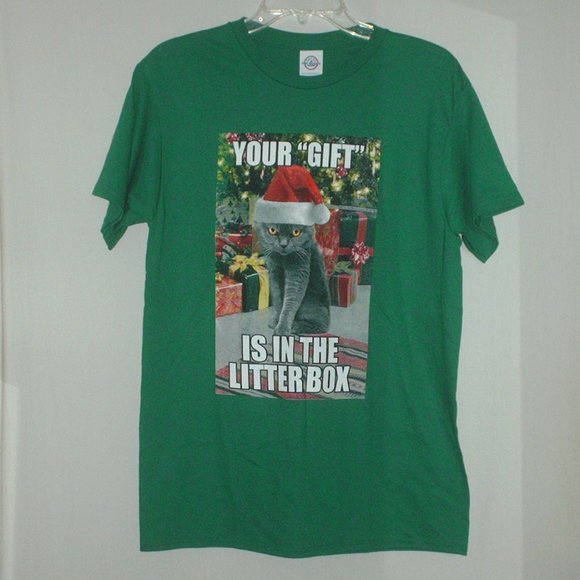 Your Gift Is In The Litter Box - Very funny Christmas shirt for cat lovers - New - Picture 1 of 4